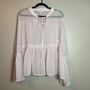 Libby Edelman Long Sleeve Blouse 2XL Ballet Pink Fairy Polka Dot Coquette Sheer